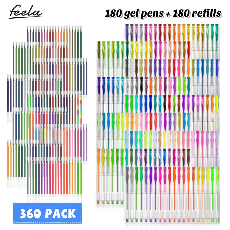 feela 360 Colors Gel Pens Set 180 Unique Gel Pen Plus 180 Refills for Adult Coloring Books Drawing - Image 2